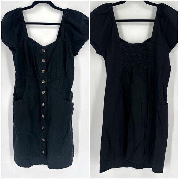 Madewell Linen-Cotton Puff-Sleeve Button Down Mini Dress Black Size 12 - Picture 2 of 12